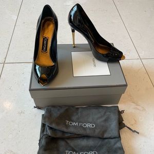 Tom Ford black patent leather heels with gold trim at the toe and heel, size 37